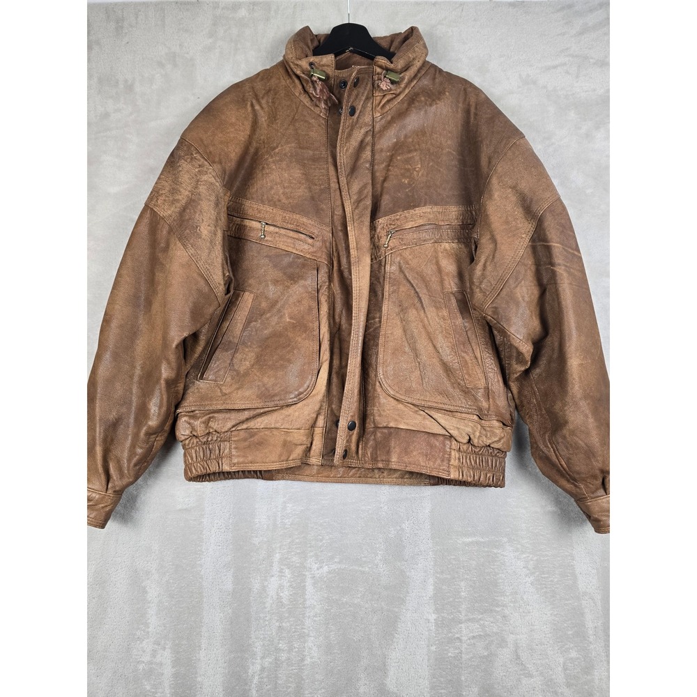 Vintage‎ Pierce Arrow Leather Bomber Jacket Mens XL Brown Map Lining Distressed